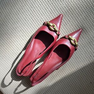 Elegant Red Faux Leather Women's Shoes with Gold Chain Detail